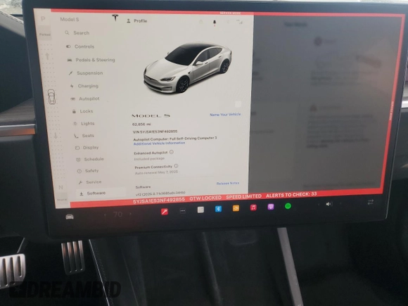 2022 Tesla Model S with VIN 5YJSA1E53NF492855, listed as a Copart auction lot 54545185 with 62,856 mi miles and Salvage title. Bid and sale history available at DreamBid. Image 9.