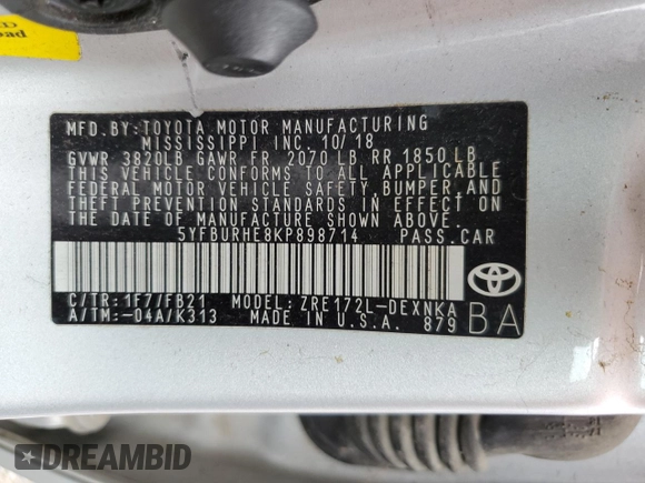 2019 Toyota Corolla L z VIN 5YFBURHE8KP898714, wystawiony jako Copart lot #56707395 z przebiegiem 86 665 mil mil oraz Szkoda całkowita • Salvage title. Historia ofert i sprzedaży dostępna na DreamBid. Obrazek 13.