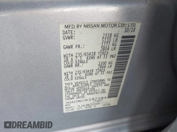 2018 Nissan Murano S z VIN 5N1AZ2MG7JN197584, wystawiony jako IAAI lot #41635520 z przebiegiem 56 931 mil mil oraz . Historia ofert i sprzedaży dostępna na DreamBid. Obrazek 9.
