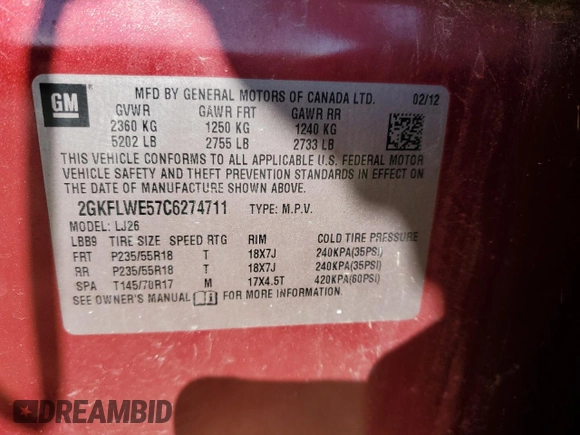 2012 GMC Terrain SLT-2 with VIN 2GKFLWE57C6274711, listed as a Copart auction lot 56218245 with 134,160 mi miles and Salvage title. Bid and sale history available at DreamBid. Image 13.