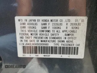 2005 Acura TSX with VIN JH4CL96905C009980, listed as a Copart auction lot 58100525 with 274,759 mi miles and Clean title. Bid and sale history available at DreamBid. Image 12.