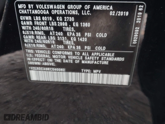 2019 Volkswagen Atlas SE with VIN 1V2LR2CA9KC540062, listed as a IAAI auction lot 41214176 with 78,977 mi miles and . Bid and sale history available at DreamBid. Image 9.