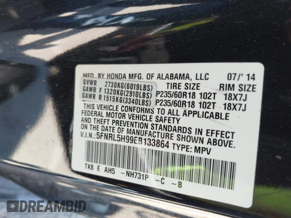 2014 Honda Odyssey Touring with VIN 5FNRL5H99EB133864, listed as a IAAI auction lot 42201359 with 122,490 mi miles and . Bid and sale history available at DreamBid. Image 9.