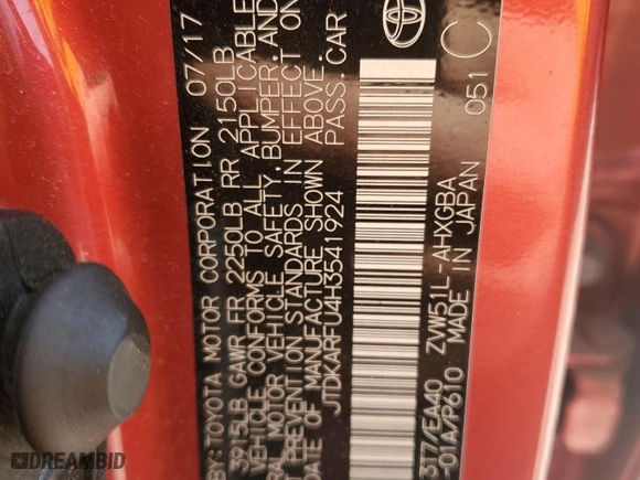 2017 Toyota Prius Two with VIN JTDKARFU4H3541924, listed as a Copart auction lot 52939355 with 0 mi miles and Clean Title. Bid and sale history available at carsss.com. Image 12.