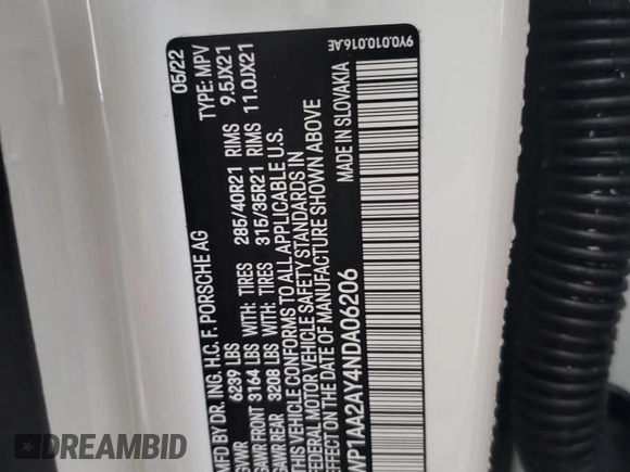 2022 Porsche Cayenne z VIN WP1AA2AY4NDA06206, wystawiony jako Copart lot #70961832 z przebiegiem Nie podano mil oraz . Historia ofert i sprzedaży dostępna na DreamBid. Obrazek 14.