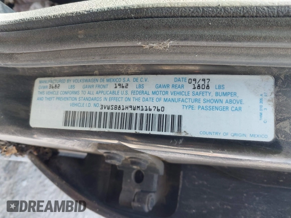 1998 Volkswagen Jetta с VIN 3VWSB81H9WM116760, выставлен на аукционе IAAI как лот 41919493 с пробегом 262 461 миль миль и . История ставок и продаж доступна на DreamBid. Изображение 9.