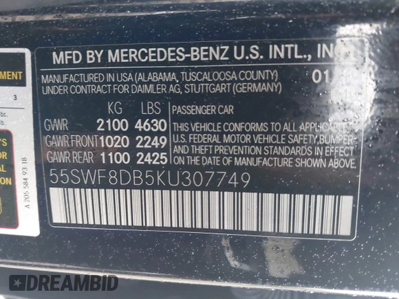 2019 Mercedes-Benz C 300 с VIN 55SWF8DB5KU307749, выставлен на аукционе IAAI как лот 42198723 с пробегом 93 370 миль миль и . История ставок и продаж доступна на DreamBid. Изображение 9.
