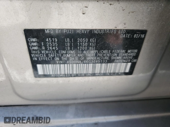 2016 Subaru Legacy Limited with VIN 4S3BNAJ66G3045133, listed as a Copart auction lot 51483245 with 95,637 mi miles and Salvage Title. Bid and sale history available at DreamBid. Image 15.