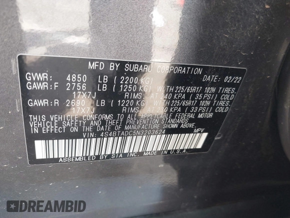 2022 Subaru Outback Premium with VIN 4S4BTADC5N3203624, listed as a IAAI auction lot 42047289 with 50,443 mi miles and . Bid and sale history available at DreamBid. Image 9.