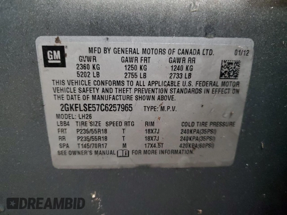 2012 GMC Terrain SLE-2 with VIN 2GKFLSE57C6257965, listed as a Copart auction lot 51835125 with Not Provided miles and Clean Title. Bid and sale history available at carsss.com. Image 14.