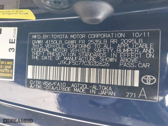 2012 Scion tC with VIN JTKJF5C77C3032626, listed as a IAAI auction lot 41774978 with 177,962 mi miles. Bid and sale history available at carsss.com. Image 9.