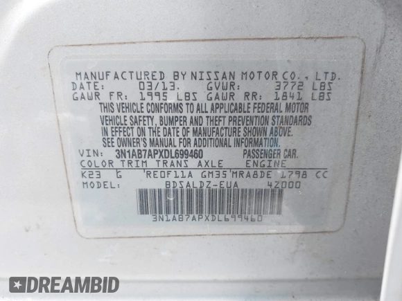 2013 Nissan Sentra SV with VIN 3N1AB7APXDL699460, listed as a IAAI auction lot 41988177 with 92,251 mi miles. Bid and sale history available at carsss.com. Image 9.