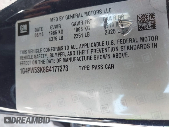 2016 Buick Verano Sport Touring с VIN 1G4PW5SK8G4177273, выставлен на аукционе IAAI как лот 42082409 с пробегом 99 665 миль миль и . История ставок и продаж доступна на DreamBid. Изображение 9.