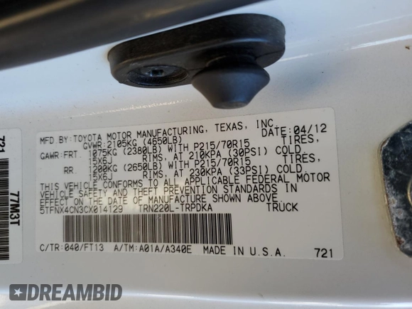 2012 Toyota Tacoma with VIN 5TFNX4CN3CX014129, listed as a Copart auction lot 48933205 with 122,112 mi miles and Salvage title. Bid and sale history available at DreamBid. Image 12.
