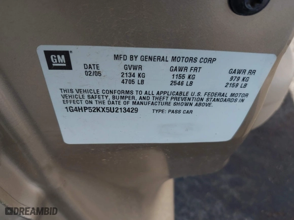 2005 Buick LeSabre Custom with VIN 1G4HP52KX5U213429, listed as a IAAI auction lot 42057599 with 89,466 mi miles. Bid and sale history available at carsss.com. Image 9.