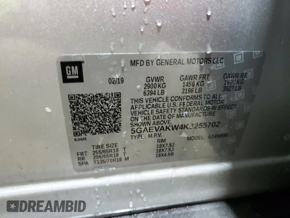 2019 Buick Enclave Essence with VIN 5GAEVAKW4KJ255702, listed as a Copart auction lot 51844115 with 43,618 mi miles and Salvage Title. Bid and sale history available at DreamBid. Image 13.