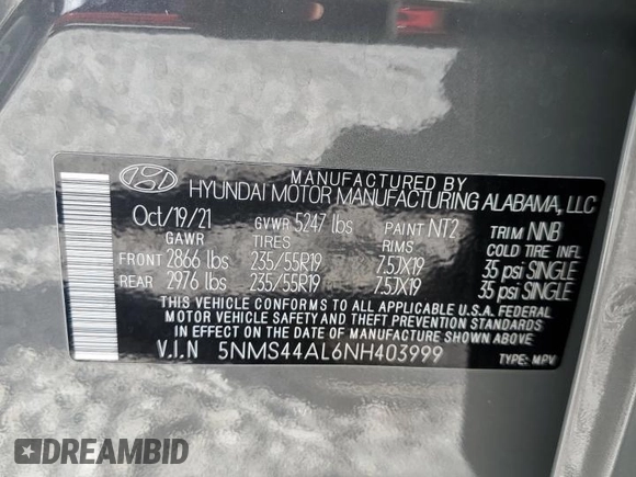 2022 Hyundai Santa Fe Limited with VIN 5NMS44AL6NH403999, listed as a Copart auction lot 85332734 with 19,610 mi miles and Salvage Title. Bid and sale history available at carsss.com. Image 14.
