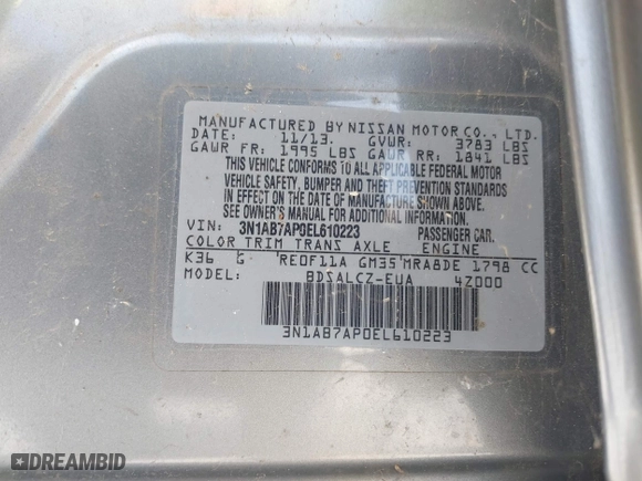 2014 Nissan Sentra SR with VIN 3N1AB7AP0EL610223, listed as a IAAI auction lot 42083670 with 140,808 mi miles. Bid and sale history available at carsss.com. Image 9.