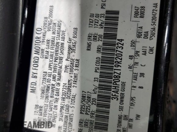 2009 Ford Fusion SEL with VIN 3FAHP08Z19R207324, listed as a Copart auction lot 51255175 with 106,003 mi miles and Salvage Title. Bid and sale history available at carsss.com. Image 13.