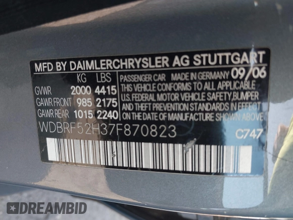 2007 Mercedes-Benz C 230 Sport with VIN WDBRF52H37F870823, listed as a IAAI auction lot 42578892 with 226,066 mi miles and . Bid and sale history available at DreamBid. Image 9.