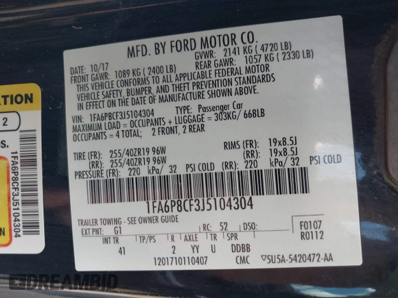 2018 Ford Mustang GT with VIN 1FA6P8CF3J5104304, listed as a IAAI auction lot 42186611 with 96,087 mi miles and . Bid and sale history available at DreamBid. Image 9.