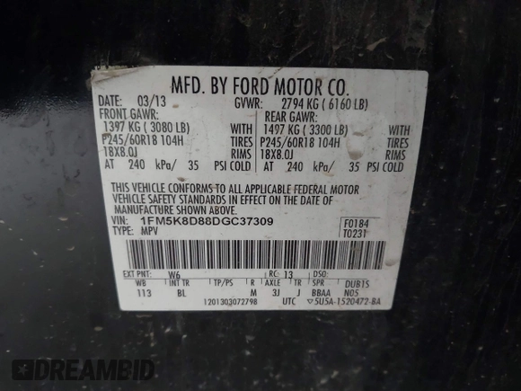 2013 Ford Explorer XLT with VIN 1FM5K8D88DGC37309, listed as a IAAI auction lot 40073755 with 226,883 mi miles and . Bid and sale history available at carsss.com. Image 9.