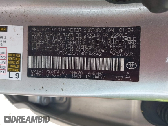 2004 Toyota Prius with VIN JTDKB20U140043642, listed as a IAAI auction lot 42116362 with 192,987 mi miles. Bid and sale history available at carsss.com. Image 9.