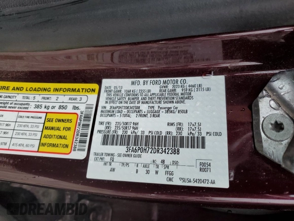 2013 Ford Fusion SE with VIN 3FA6P0H72DR342388, listed as a Copart auction lot 67256274 with 0 mi miles and Clean Title. Bid and sale history available at carsss.com. Image 13.