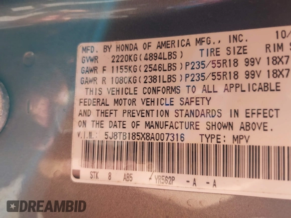 2008 Acura RDX Technology with VIN 5J8TB185X8A007316, listed as a IAAI auction lot 42578222 with 172,798 mi miles and . Bid and sale history available at DreamBid. Image 9.