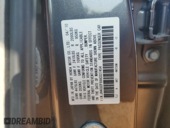 2010 Acura TSX with VIN JH4CU2F68AC027454, listed as a Copart auction lot 59365895 with 189,228 mi miles and Salvage title. Bid and sale history available at DreamBid. Image 12.