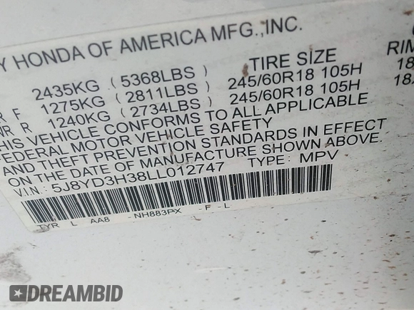 2020 Acura MDX with VIN 5J8YD3H38LL012747, listed as a IAAI auction lot 42528973 with 78,055 mi miles and . Bid and sale history available at DreamBid. Image 9.