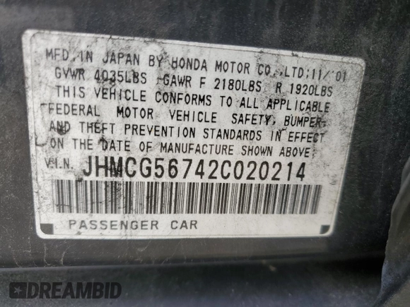 2002 Honda Accord SE z VIN JHMCG56742C020214, wystawiony jako Copart lot #56098805 z przebiegiem 256 147 mil mil oraz Szkoda całkowita • Salvage title. Historia ofert i sprzedaży dostępna na DreamBid. Obrazek 12.