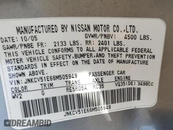2006 Infiniti G35 with VIN JNKCV51E66M505949, listed as a Copart auction lot 46872725 with 150,243 mi miles and Salvage Title. Bid and sale history available at DreamBid. Image 13.