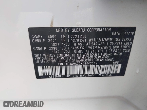2019 Subaru Ascent Premium with VIN 4S4WMACDXK3442512, listed as a IAAI auction lot 42311693 with 84,490 mi miles and . Bid and sale history available at DreamBid. Image 9.