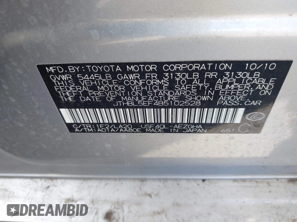 2011 Lexus LS 460 with VIN JTHBL5EF4B5102528, listed as a IAAI auction lot 42773934 with 155,970 mi miles and . Bid and sale history available at DreamBid. Image 9.