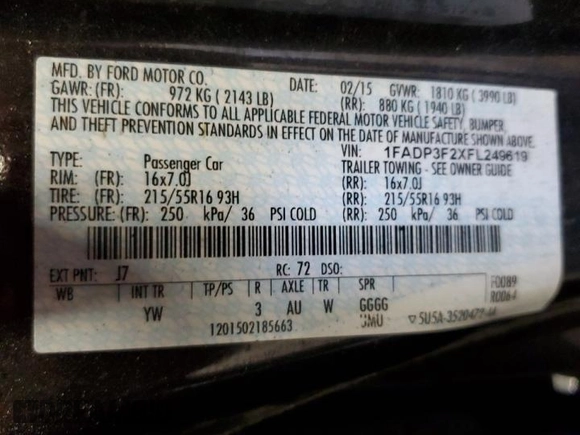2015 Ford Focus SE with VIN 1FADP3F2XFL249619, listed as a Copart auction lot 63705825 with 118,573 mi miles and Clean title. Bid and sale history available at DreamBid. Image 12.