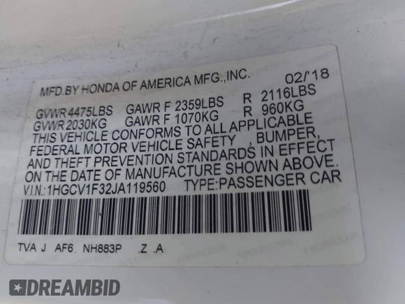 2018 Honda Accord Sedan Sport 1.5T with VIN 1HGCV1F32JA119560, listed as a IAAI auction lot 41885108 with 93,105 mi miles. Bid and sale history available at carsss.com. Image 9.