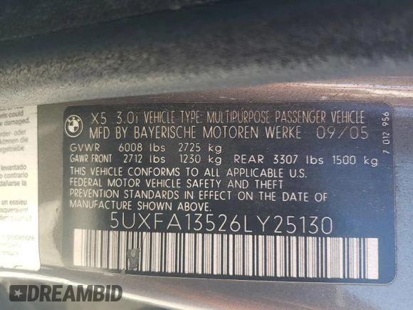 2006 BMW X5 3.0i with VIN 5UXFA13526LY25130, listed as a Copart auction lot 82168844 with 209,163 mi miles and Salvage Title. Bid and sale history available at carsss.com. Image 13.