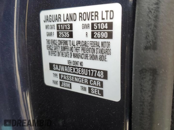 2014 Jaguar XF SC with VIN SAJWA0EX3E8U17748, listed as a Copart auction lot 52010435 with 84,685 mi miles and Salvage Title. Bid and sale history available at DreamBid. Image 12.