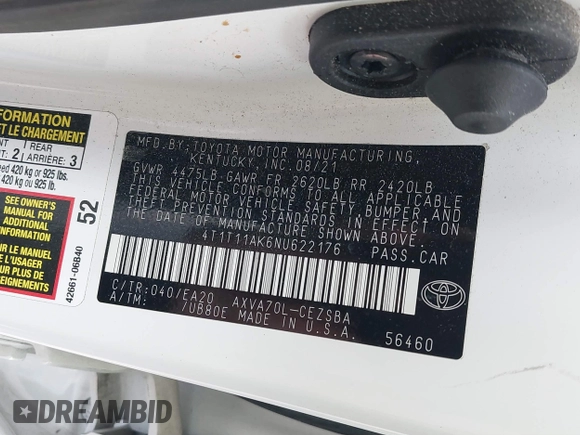 2022 Toyota Camry SE z VIN 4T1T11AK6NU622176, wystawiony jako IAAI lot #41876802 z przebiegiem 56 631 mil mil oraz . Historia ofert i sprzedaży dostępna na DreamBid. Obrazek 9.