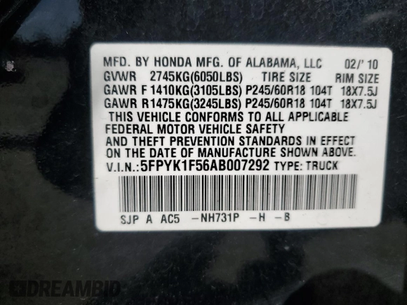 2010 Honda Ridgeline RTL with VIN 5FPYK1F56AB007292, listed as a Copart auction lot 52186795 with 282,012 mi miles and Clean Title. Bid and sale history available at carsss.com. Image 12.