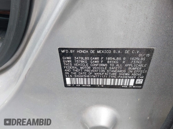 2015 Honda Fit EX-L with VIN 3HGGK5H81FM771171, listed as a IAAI auction lot 42129011 with 132,255 mi miles and . Bid and sale history available at DreamBid. Image 9.