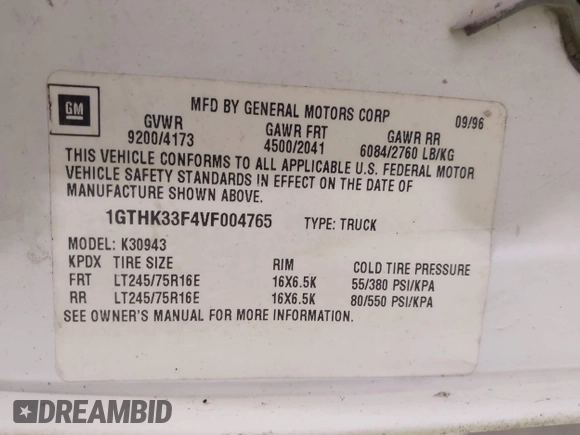 1997 GMC Sierra 3500 z VIN 1GTHK33F4VF004765, wystawiony jako IAAI lot #42053137 z przebiegiem 129 249 mil mil oraz . Historia ofert i sprzedaży dostępna na DreamBid. Obrazek 9.