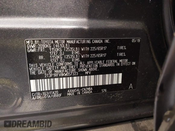 2019 Toyota RAV4 XLE with VIN 2T3P1RFV8KW057323, listed as a IAAI auction lot 42510231 with 59,003 mi miles and . Bid and sale history available at DreamBid. Image 9.