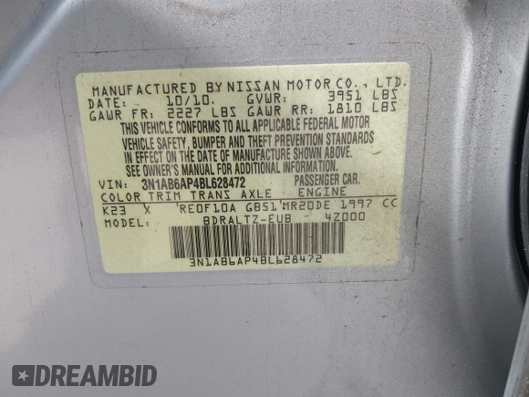 2011 Nissan Sentra SR with VIN 3N1AB6AP4BL628472, listed as a IAAI auction lot 42093036 with 211,725 mi miles and . Bid and sale history available at DreamBid. Image 9.
