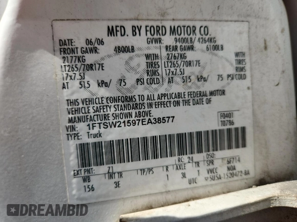 2007 Ford F-250 XL with VIN 1FTSW21597EA38577, listed as a Copart auction lot 58013575 with 189,924 mi miles and Salvage title. Bid and sale history available at DreamBid. Image 13.