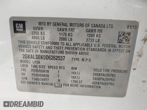 2013 GMC Terrain SLE with VIN 2GKALSEK9D6262537, listed as a IAAI auction lot 42583906 with 216,707 mi miles and . Bid and sale history available at DreamBid. Image 9.