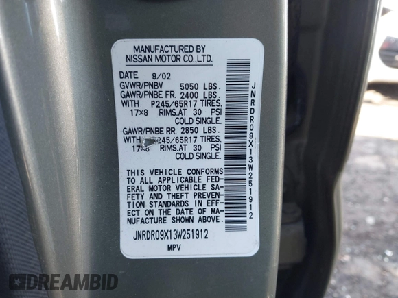 2003 Infiniti QX4 with VIN JNRDR09X13W251912, listed as a IAAI auction lot 41617833 with 162,231 mi miles and . Bid and sale history available at DreamBid. Image 9.