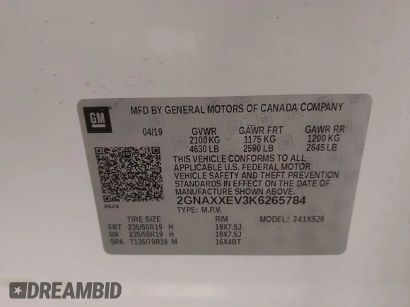 2019 Chevrolet Equinox Premier with VIN 2GNAXXEV3K6265784, listed as a IAAI auction lot 42084939 with 65,933 mi miles and . Bid and sale history available at DreamBid. Image 9.