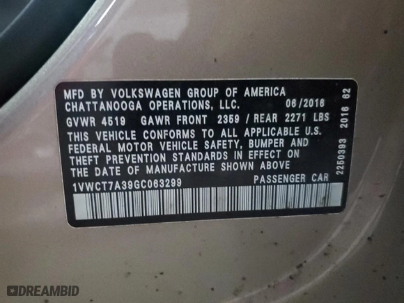 2016 Volkswagen Passat 1.8T SEL with VIN 1VWCT7A39GC063299, listed as a Copart auction lot 41877585 with 188,629 mi miles and Clean Title. Bid and sale history available at carsss.com. Image 12.